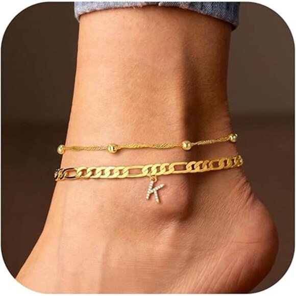 Ankle Bracelets for Women, 14K Gold Plated Dainty Layered Chain CZ Initial - Picture 7 of 7